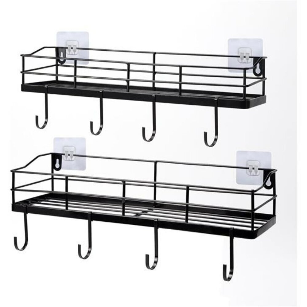 Black Floating Wall Shelves Set of 2 with Hooks Bathroom Kitchen Storage Rack